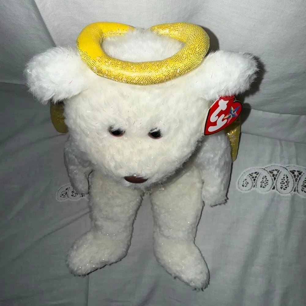 Ty Beanie Buddy Halo II Angel Bear 2000 White Gold Wings Iridescent Sparkle MWMT
